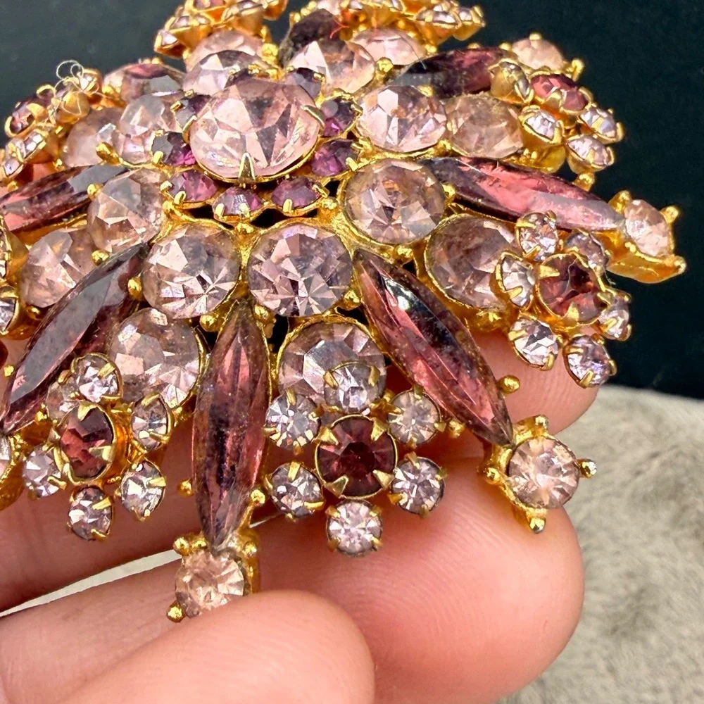 Vintage Rhinestone Brooch Purple Gold Tone  Sparkle